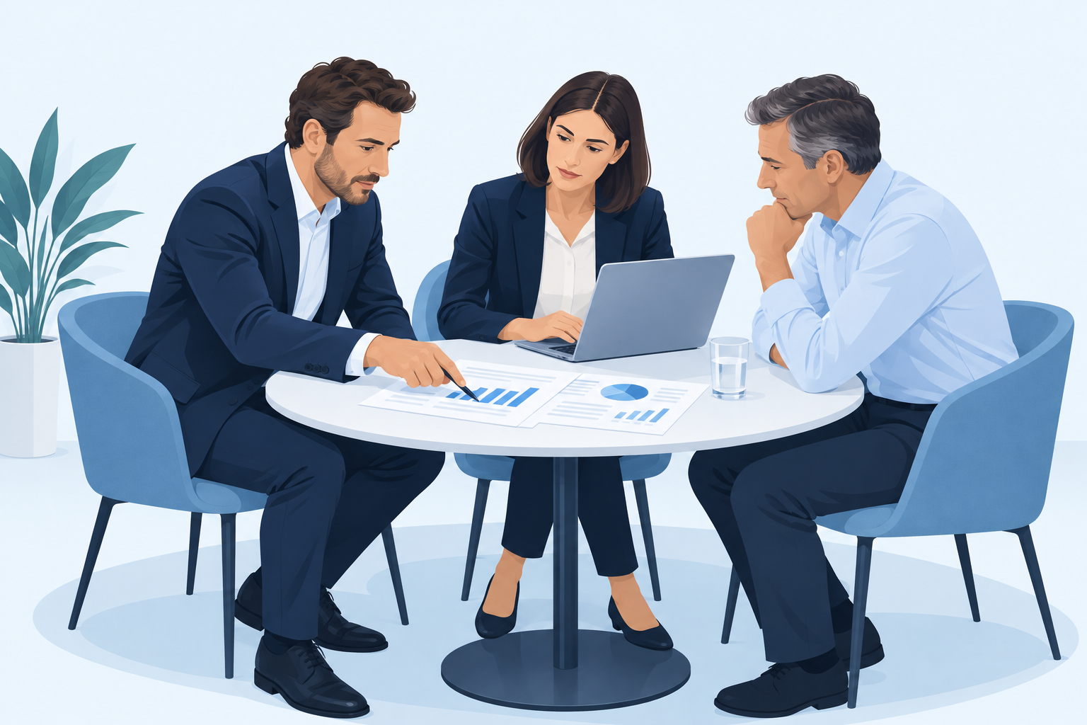 Two consultants and a client reviewing a financial report